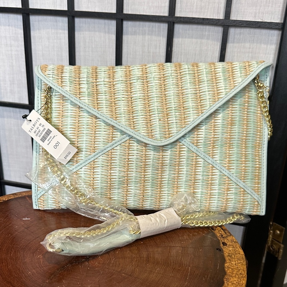 Talbots NEW Woven Envelope Clutch in Tan and Light Blue with GoldChain